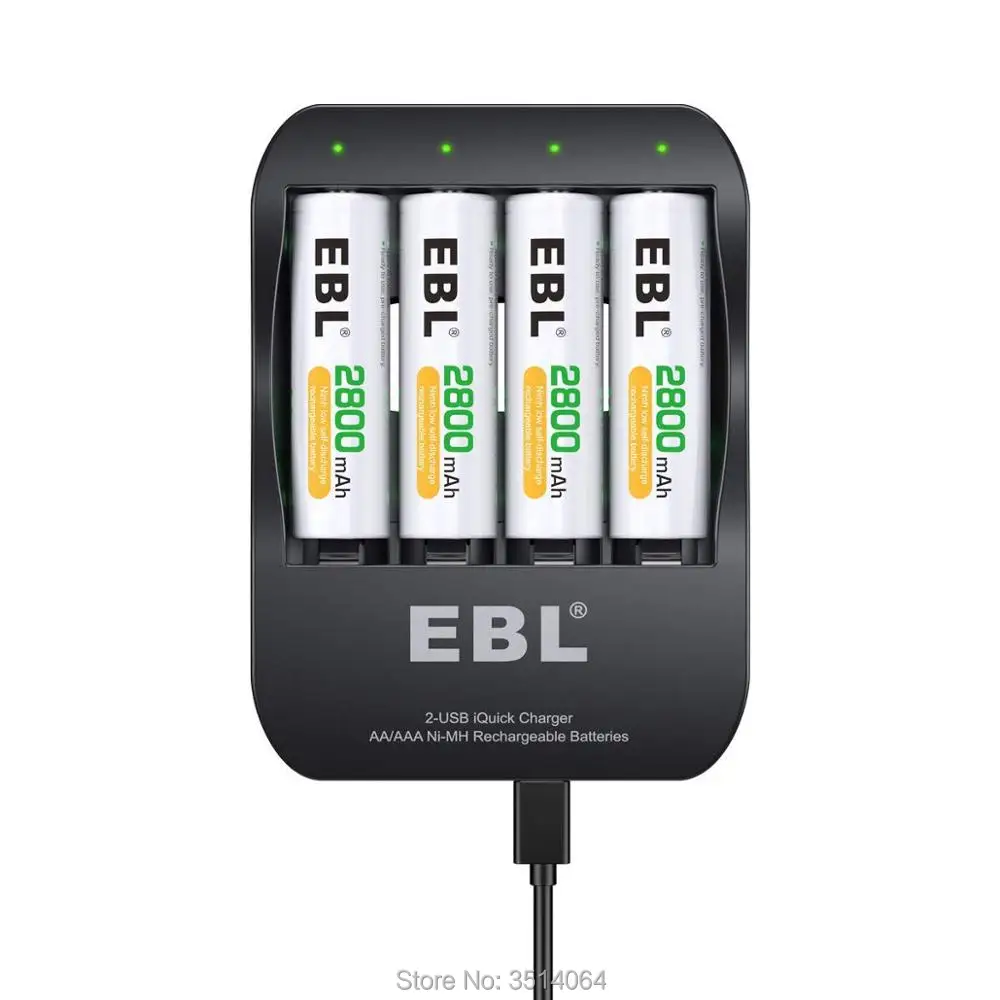 

EBL Smart Batttery Charger 2-Hour iQuick Tecnology Two USB-Input Ports AA Rechargeable Batteries 2800mAh, 4 Counts (Batteries In