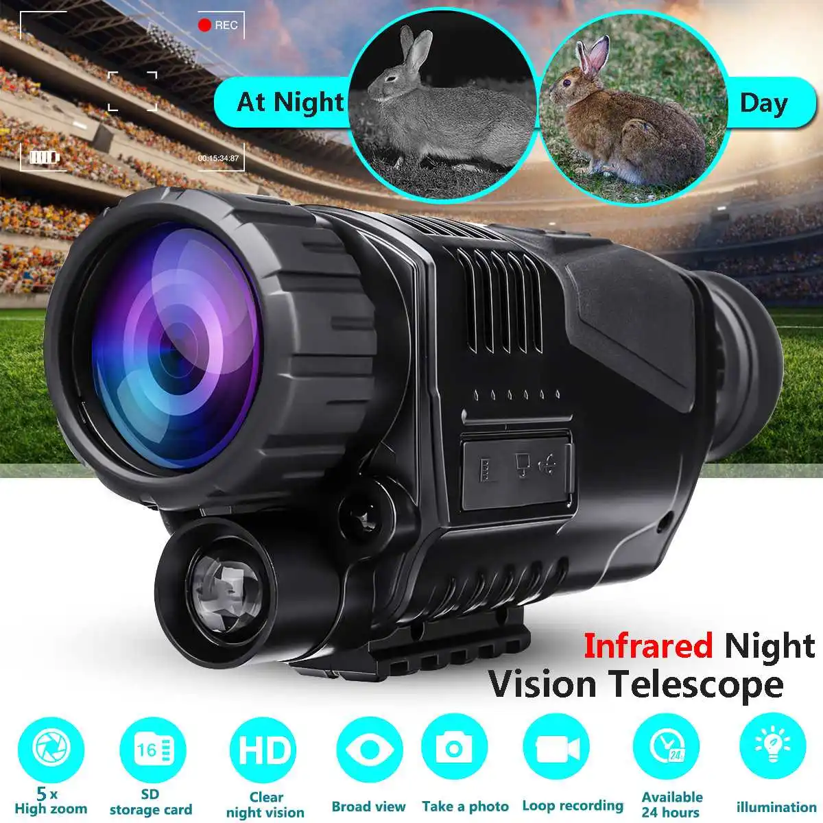 

Infrared Digital Night Vision Telescope Video Photo Recording Hunting Monocular Built-in Tripod Mount Adjustable Eyepiece
