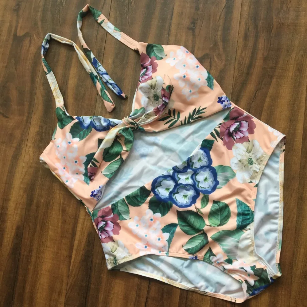 L-XXXL Plus Size Swim Suit Push Up One Piece Swimsuit Knot Tie Front Swimwear Women 2019 Sexy Badpak Fused May Cut Out Monokini-3