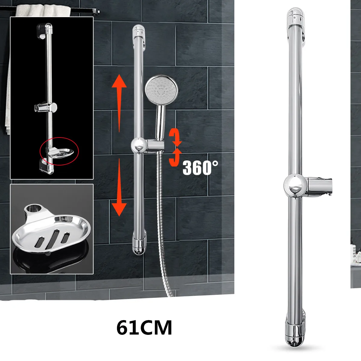 61cm Stainless Steel Chrome Shower Riser Rail Set Adjustable Shower