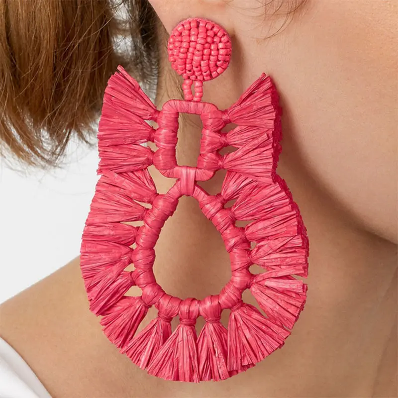 

JUST FEEL New Trendy Raffia Fringed Earrings for Women Boho Tassel Handmade Beads Dangle Drop Earrings Trendy Wedding Jewelry