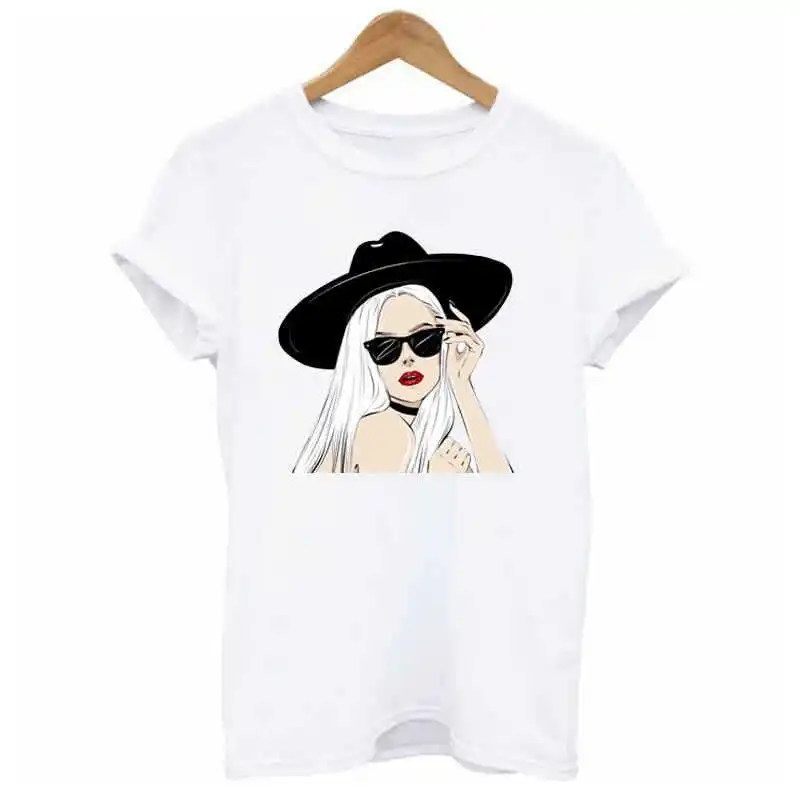 

2019 New Fashion Personality Creative European And American White T-shirt Korean Version Of The Simple Female Head Slim Thin