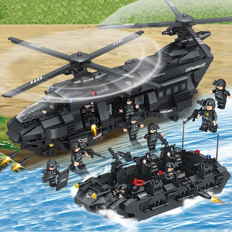 Günstig 1351 stücke Military Swat Team Spezielle Polizei Kraft Transport Hubschrauber Bausteine Kompatibel Legoings Stadt Armee Ziegel WJ065