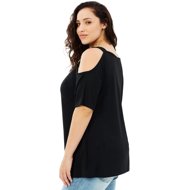 HDY HAODUOYI Plus Size Solid Casual Slash Neck Women T-shirt Female Hollow Out Sexy Tops Black Loose Top Tees Big Size HDY HAODUOYI Plus Size Solid Casual Slash Neck Women T-shirt Female Hollow Out Sexy Tops Black Loose Top Tees Big Size