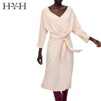 

HYH HAOYIHUI Simplee Elegant Women Cotton Cropped Sleeve Lady Wrap Solid V-neck Belt Dress