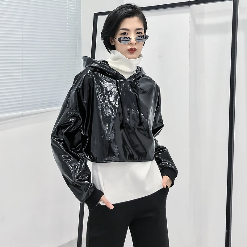 Court Le356 Capuche Solide Automne En 2019 Cuir Manteau Hiver Élégante Manches Personnalité eam Femme Longues Noir À Cordon Black Couleur 7U6Yq5wA