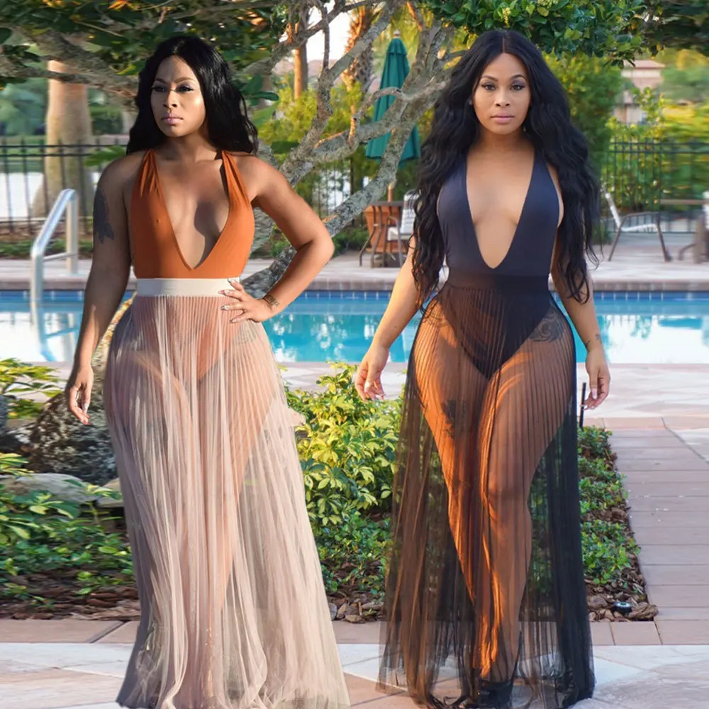 

Perspective Bikini Cover Up Mesh Beach Dress Pleated Summer Beachwear Swimsuit Cover Up Swimming Suit Women Beach Covers Solid