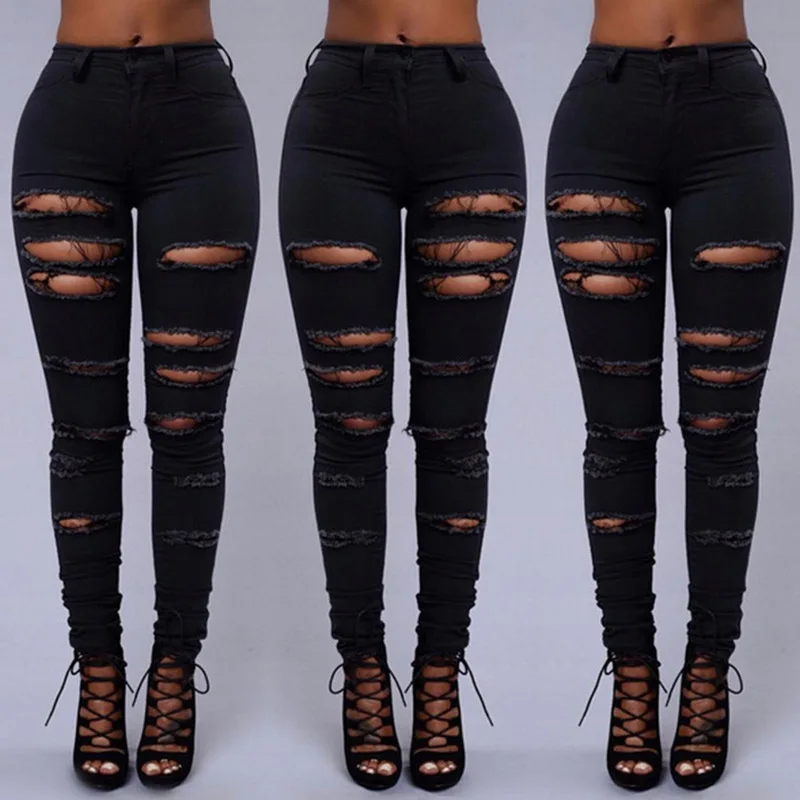 Summer Style White Hole Cool Denim High Waist Pants Capris Female Skinny Black Casual Jeans Ripped Jeans Women Summer Style White Hole Cool Denim High Waist Pants Capris Female Skinny Black Casual Jeans Ripped Jeans Women