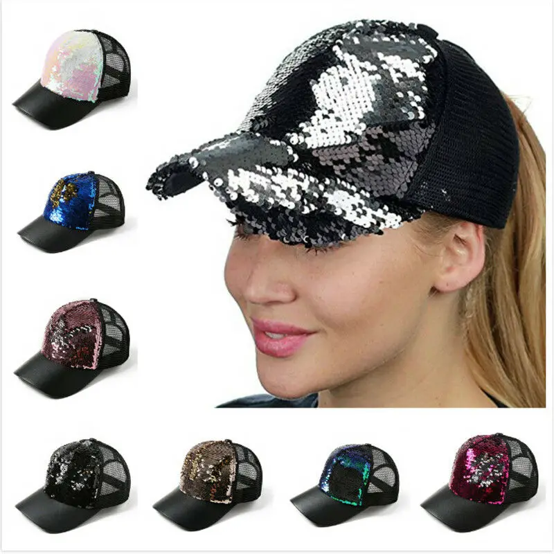 

Sequins Cap Snapback Bling Adjustable Women Ponytai Beanie Shiny Messy Bun Baseball Cap Sun Cap 2019 Fashion