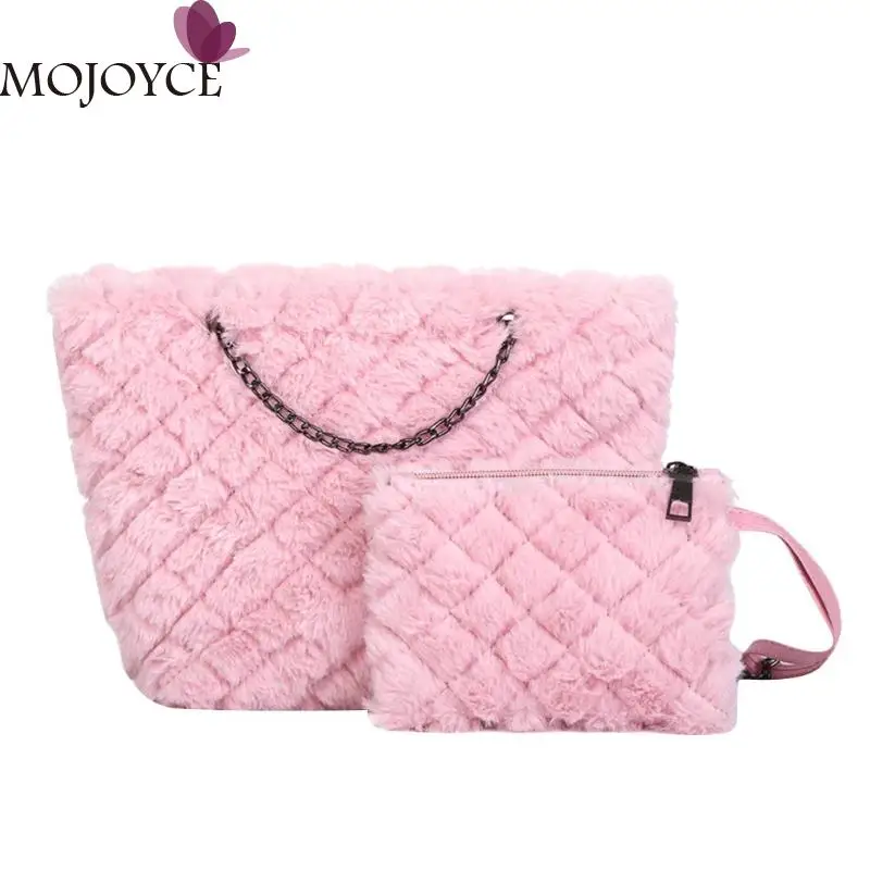 

2pcs/set Faux Fur Clutch Totes Women Handbags Flap Purse Winter Portable Fur Bag Fashion Female Shopping Bag Chain Shoulder Bag