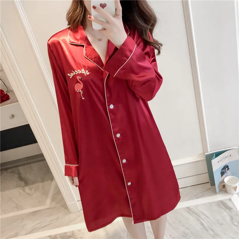 

Long Style With Button Woman Nightdress Ice Silk Night Skirt Rayon Silk Pijama Long Sleeve Korean Fashion Sleepwear