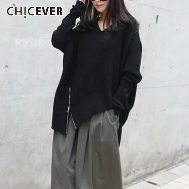 

CHICEVER Autumn Winter Knitted Sweater Tops Female V Neck Batwing Sleeve Loose Irregular Hem Women's Sweaters Korean Fashion New