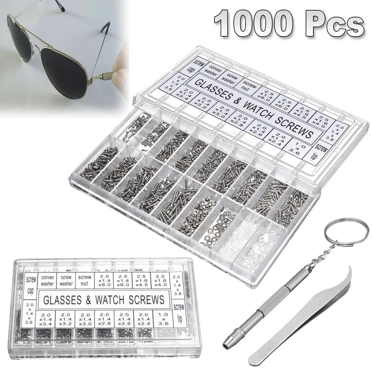Assortiment de vis, de soleil, montre, petites vis, tournevis, pince à épiler, écrou