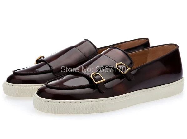 

Drop Shipping Retro Patent Leather Black Brown Slip On Thick Rubber Flat Platform Loafers Casual Double Buckle Straps Mens Shoes