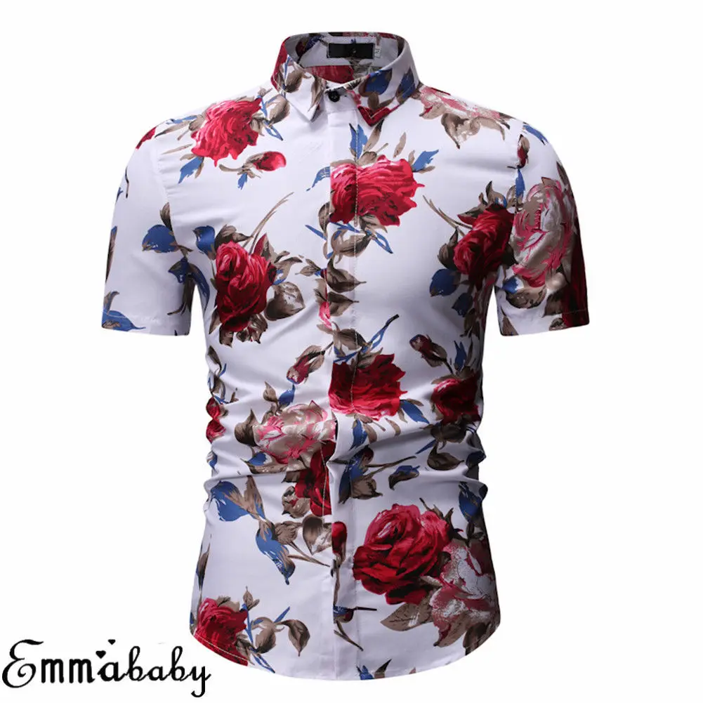 

Men's Button Business Slim Short Sleeve Floral Blouse Formal Dress Shirts Tops Black White