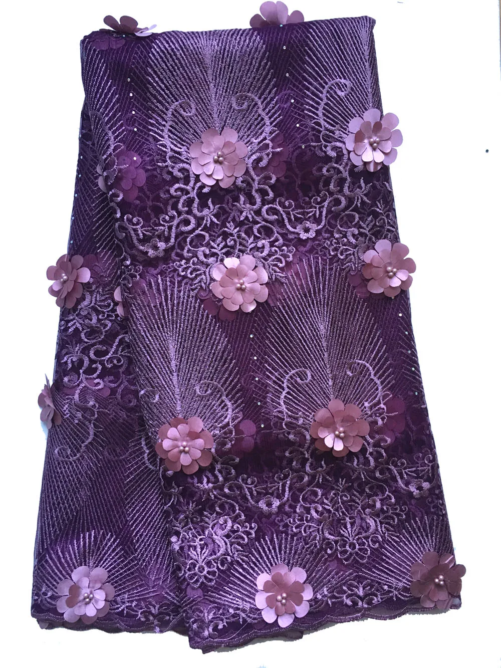 

Latest Lace Fabric 3d Flower Purple Lace Fabric High Quality Embroidery Nigeria Lace Fabric 2019 for Wedding Dresses