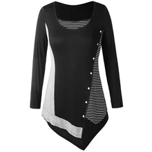 Rosegal/женская футболка больших размеров с пуговицами и круглым вырезом, с длинными рукавами полосатый контрастный Асимметричный футболки повседневные женские топы, футболки