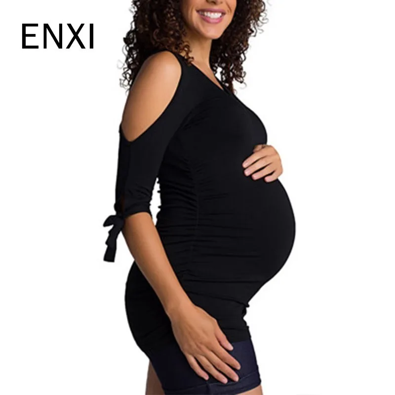 

ENXI Maternity Clothes 2019 Summer Women Sexy Off Shoulder T-Shirt Pregnant Short Sleeve Casual Close-fitting Tee Tops