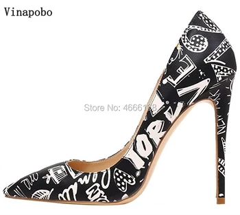 

Newest Black graffiti printed women high heels sexy pointed toe stiletto Heels pumps women wedding party shoes sapato feminino