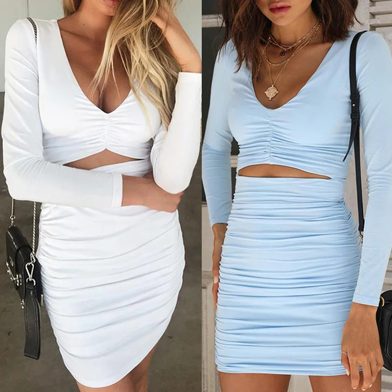 

Eskulla Summer Women Slim Long-sleeved V-neck Tight-fitting Solid Dress Ladies Bag Hip Women's Dresses Vestidos