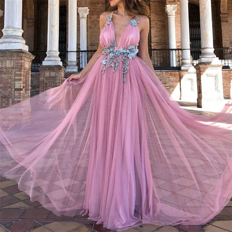 

2019 Fashion Long Dress Floral Print Deep V Neck Formal Tunic Long Maxi Dress Women Evening Party Dress Vestidos de festa XL