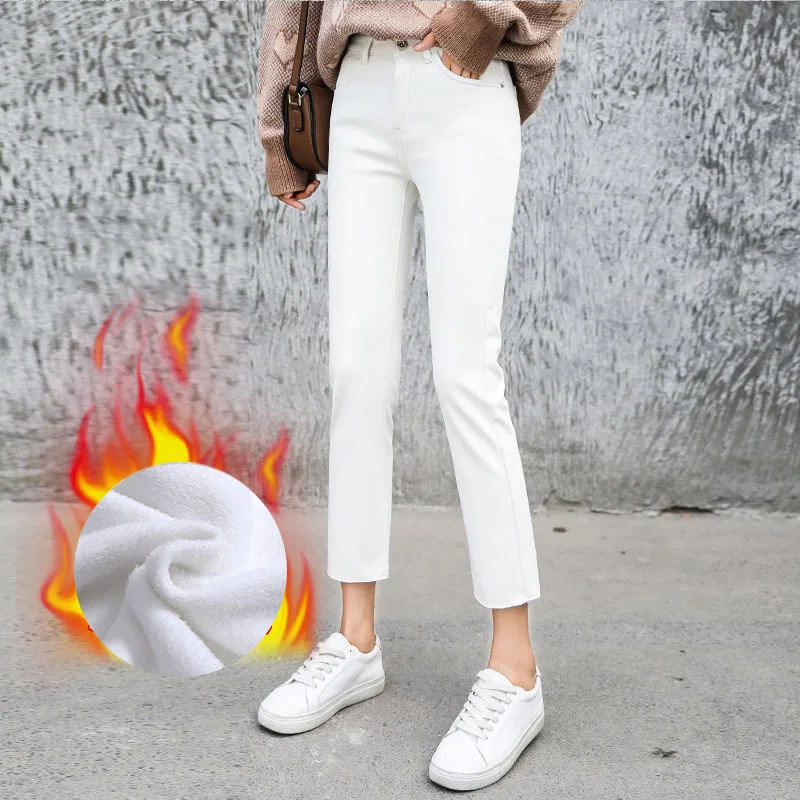 CTRLCITY White Straight Jeans Women Winter Warm Solid Thicken Jeans