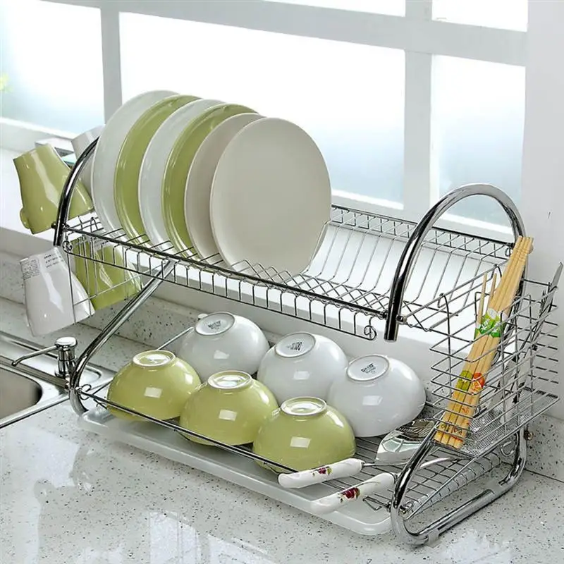 

2 Tier Kitchen Dish Cup Drying Rack Stainless Steel Bowl Plate Cutler Drainer Storage Shelf Rack Organizer Kitchen Storage