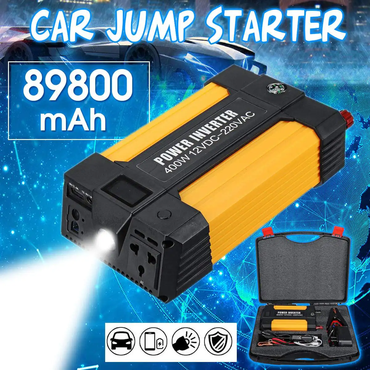 

Car Jump Starter 89800mAH 12V with Modified Sine Wave Inverter Function Battery Emergency Charger Power Bank Booster Starter