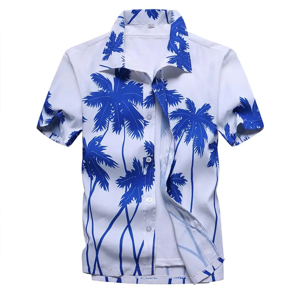 

MISSKY Fashion Beach Hawaiian Shirts Men Clothes 2019 Summer Coconut Tree Printed Short Sleeve Button Hawaiian Aloha Shirts