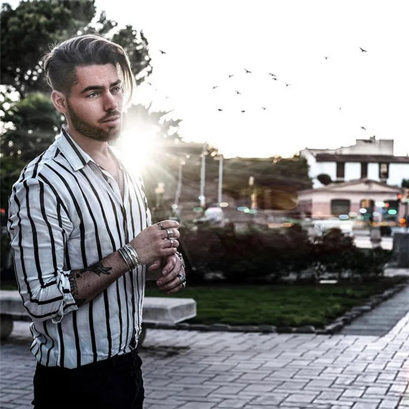 أزياء الرجال صالح سليم الخامس الرقبة طويلة الأكمام العضلات قميص عارضة قمم العصرية العمودي مخطط قميص الشارع الشهير Cemebrities نفس النمط