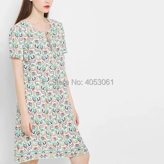 Viscose 100% Round Neck Floral Print Short Mini Dress Features Neck With Ties
