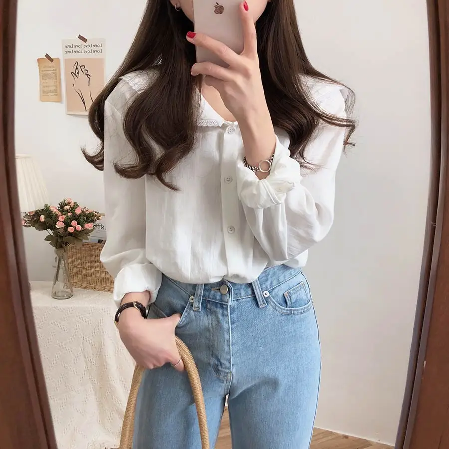  S-XL Spring white femme long Sleeve Patchwork cotton Women Shirts Casual Loose Women cute Blouses F