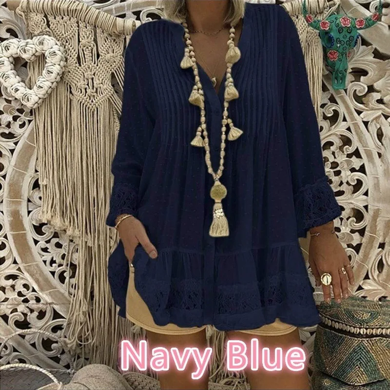 S-5XL Plus Size Women Loose Blouses 2019 Summer Solid Lace Patchwork Chiffon V-Neck Shirts Causal Female Vintage Oversized Tops