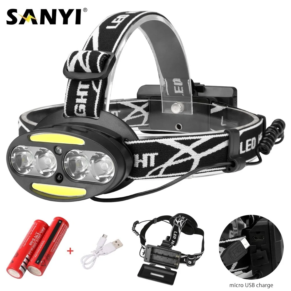 

LED Headlamp Body Motion Sensor 4* T6+2*COB Head Flashlight Torch USB Rechargeable Head Light Forehead Lamp Fishing Headlight