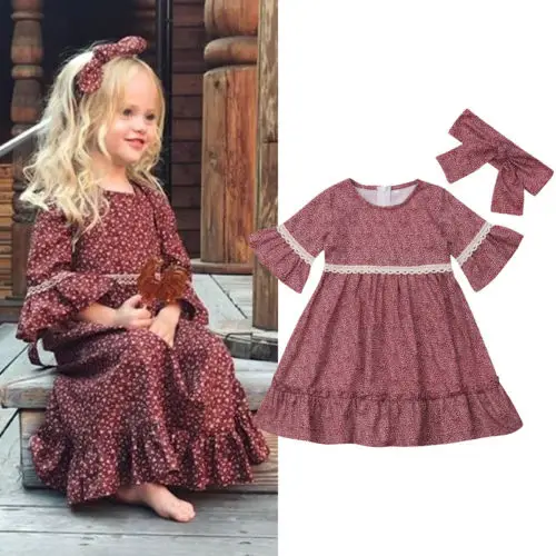 2018 Summer Baby Kid Girls Flare Sleeve Print Dress Party Pageant Princess Headband Fashion Clothes Set 1-5T | Детская одежда и