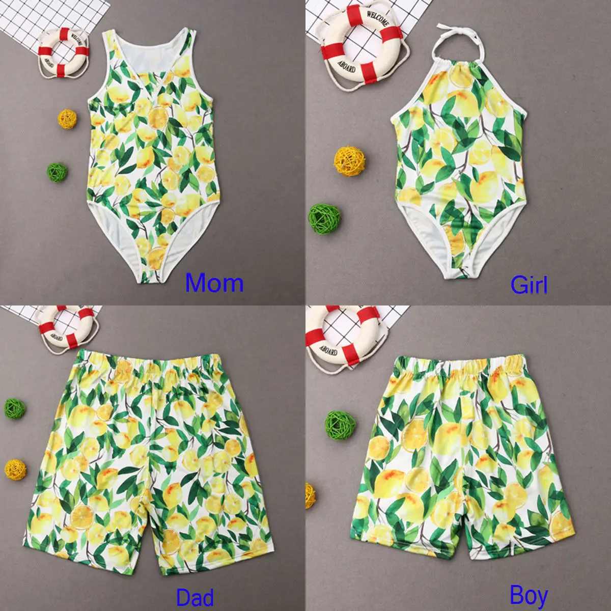 

Family Matching Swimwear Women Men Baby Girls Boys One Piece Bodysuit Board Shorts Lemon Printed Floral Swimsuit Beachwear