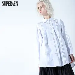 SuperAen рубашка с длинным рукавом Женская однотонная хлопковая дикая Повседневная модная Европейская Весенняя новая 2019 Женская одежда с