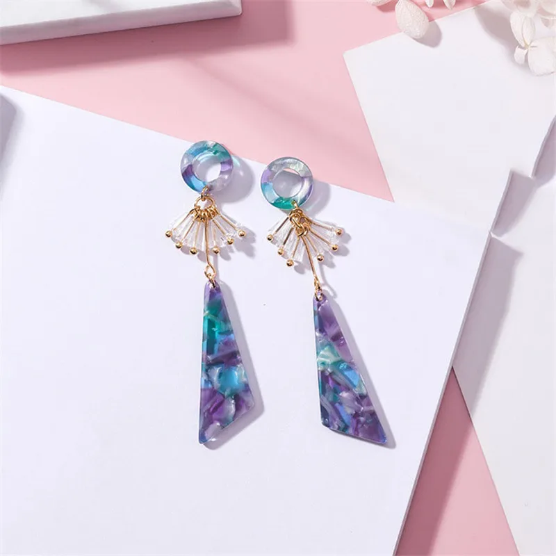 

Colorful Triangle Acrylic Small Circle Crystal Tassel Long Earrings for Women