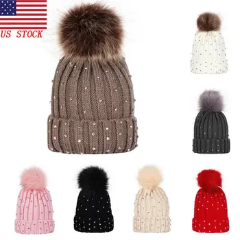 

2019 arrival cute kid babies Beanies caps Child Crochet Winter Warm Knit Hats Cap Baby Boy Girls beading Hair Ball Earbud Hat
