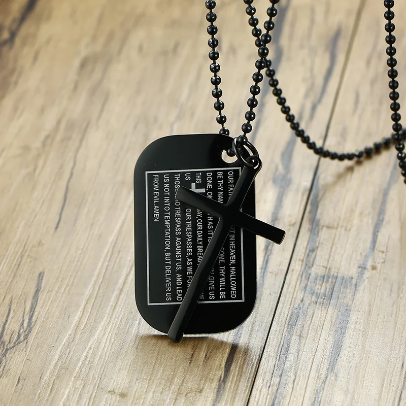 

Vnox Bible Tag Cross Mens Pendant Long Necklace Black Stainless Steel Double Pendants Casual Male Prayer Jewelry