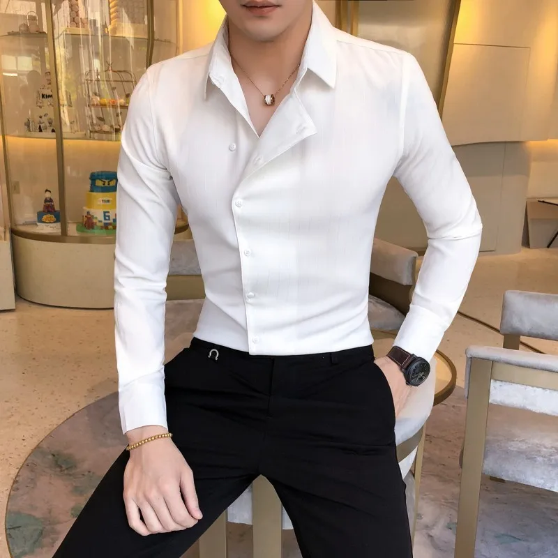 Mens Cotton Shirt Contrast Piping Collarless Long sleeve Casual Formal Slim Fit