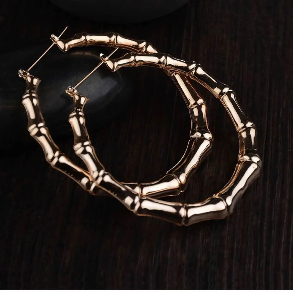 

New Punk Gold-color Big Round Loop Dangle Earring Stainless Steel Post Pin Bamboo Designs Circle Earrings Women Girl Gifts