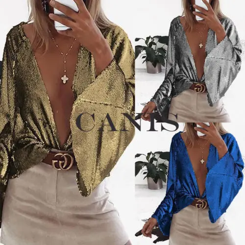 

Fashion Women Ladies Shirts Tops Tees Sexy Sequin Deep V Neck Trumpet Sleeve Casual Cardigan Spring Autumn Tops