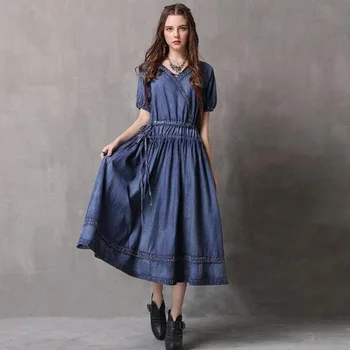 

#2455 Summer Short Sleeve Cowboy Half Sleeve Denim Dress Women V-neck Drawstring High Waist Large Size Loose Jeans Dress Vintage