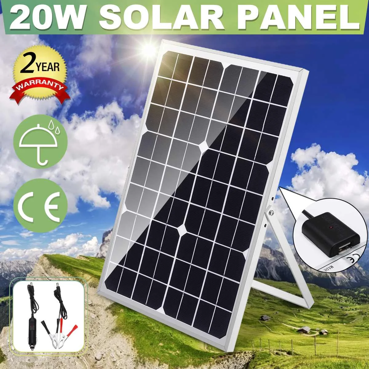 

New 20W Polycrystalline Solar Panel DC 12V Photovoltaic Panel Aluminum Alloy Frame With Alligator Clip Wire Bracket 42x28cm