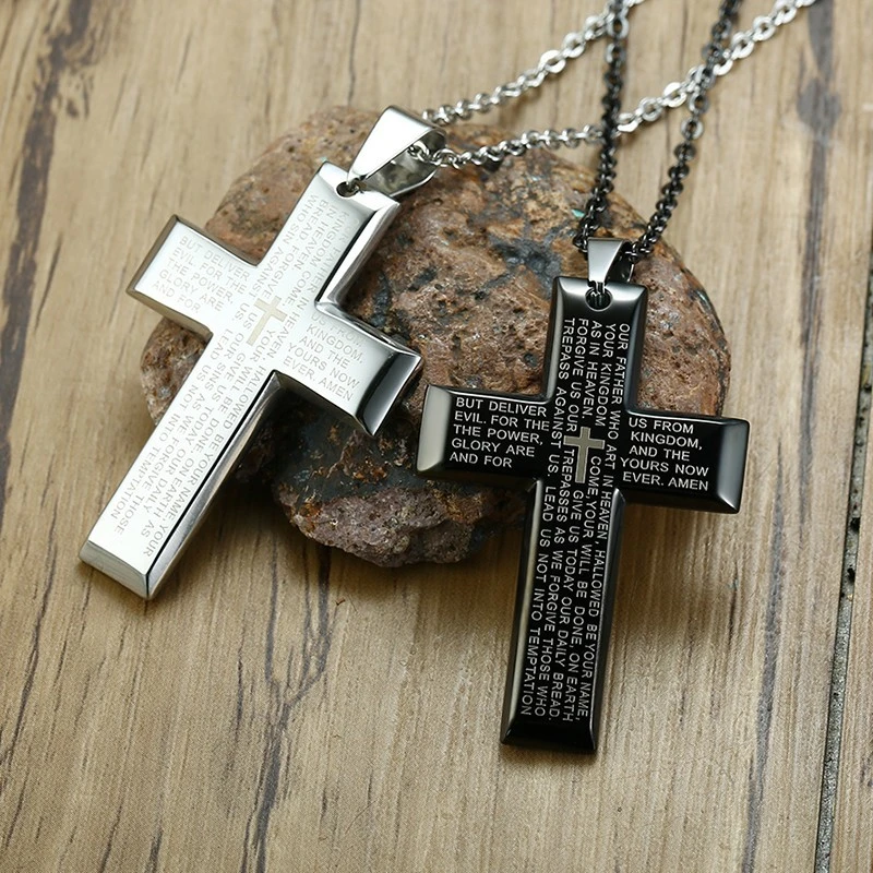 Men S Stainless Steel Large Our Father Lord S Prayer Cross Pendant Necklace Free Chain Pendants Aliexpress