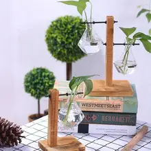 Горячая креативная прозрачная стеклянная ваза для посадки воды с деревянной подставкой, украшение для рабочего стола, цветочный горшок, подарок