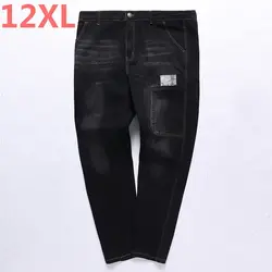 Мужские джинсы большого размера, большие узкие брюки, эластичные, хипстерские лоскутные брюки, прямые, 7XL 8XL 9XL осенние свободные Стрейчевые
