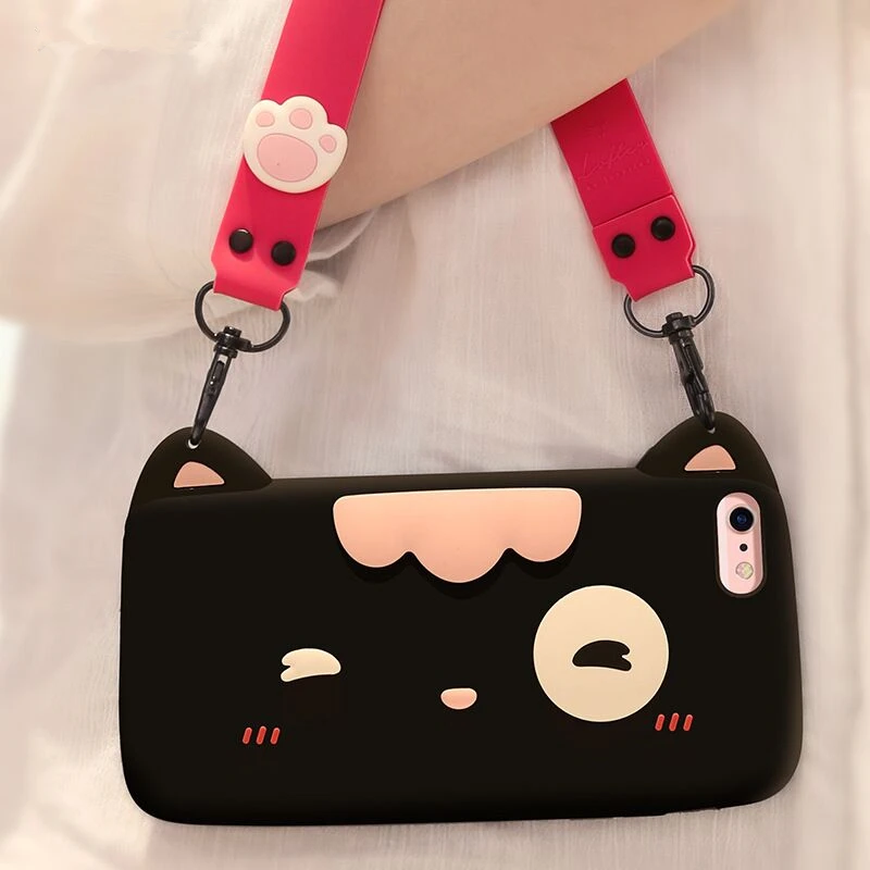 

iPhone 6/i6s/i6s Plus/i7/i7 plus/i8/i8 Plus soft cartoon case,cellphone protection housing, with sling,black/white,cute