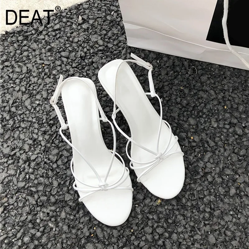 

[DEAT] 2019 New Spring Summer Round Toe Shallow Pu Leather Narrow Band Bandage Thin High Heels Sandals Women Fashion Tide 10C809